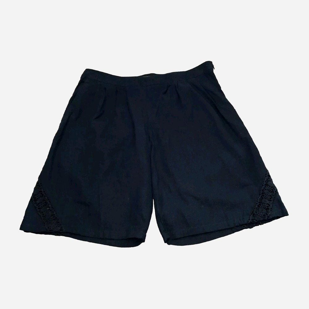 Vintage Linen Blend Pleated Shorts Womens 14 Navy Crochet Panels Preppy Boho 90s